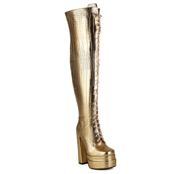 Shoes | Over The Knee Gold Embossed Crocodile Square Toe Platform Boots  Size 38 | Poshmark